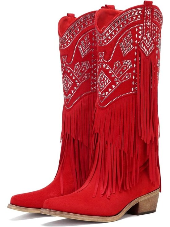 Shoes - Women's Knee High Cowgirl Fringe Boots Red Rhinestone Chunky Heel Pointed Toe